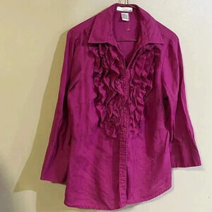 [M]Lucy Laurel Pink Red  Linen 3/4 Sleeve Button Down Shirt